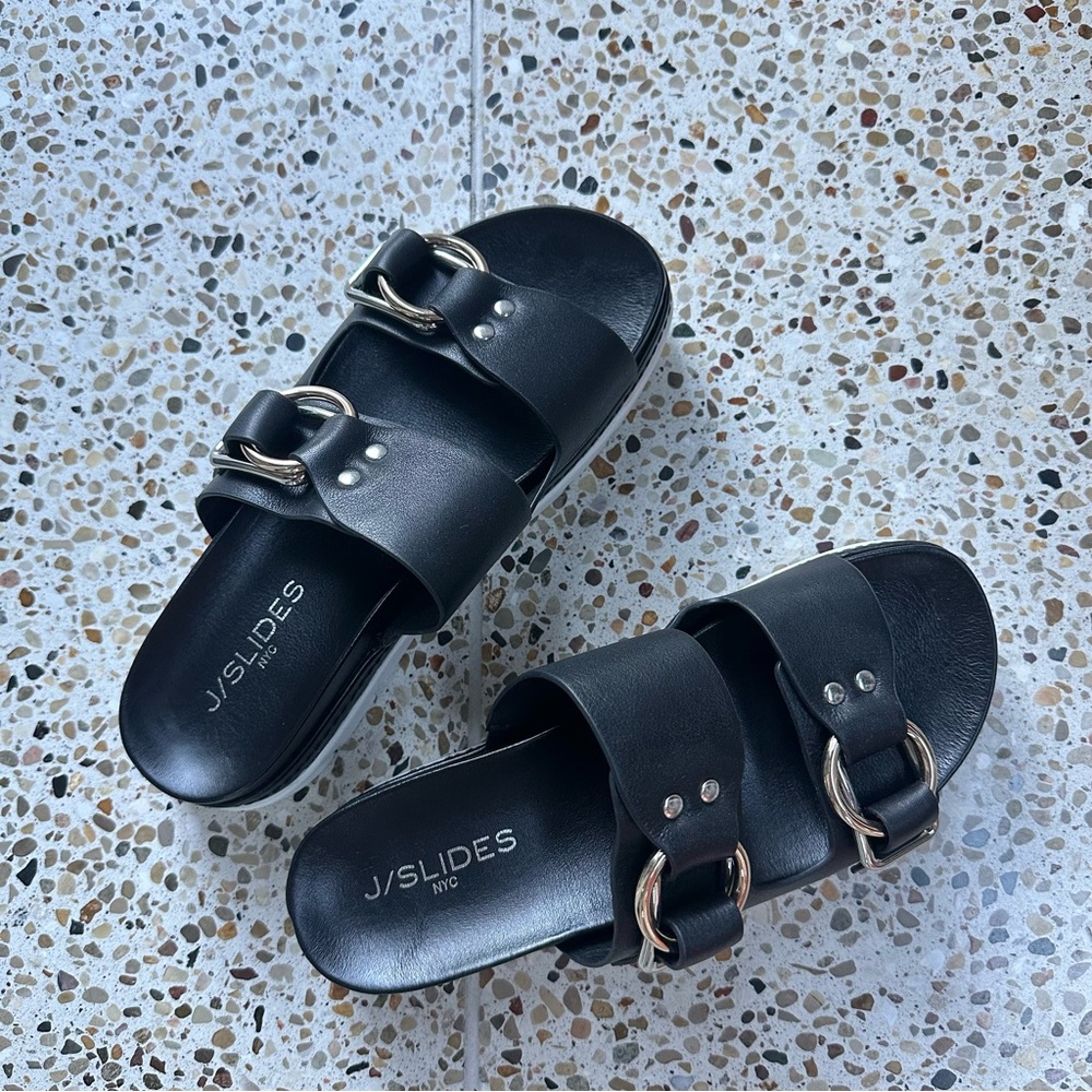 J/SLIDES Black Leather Baja Sandals